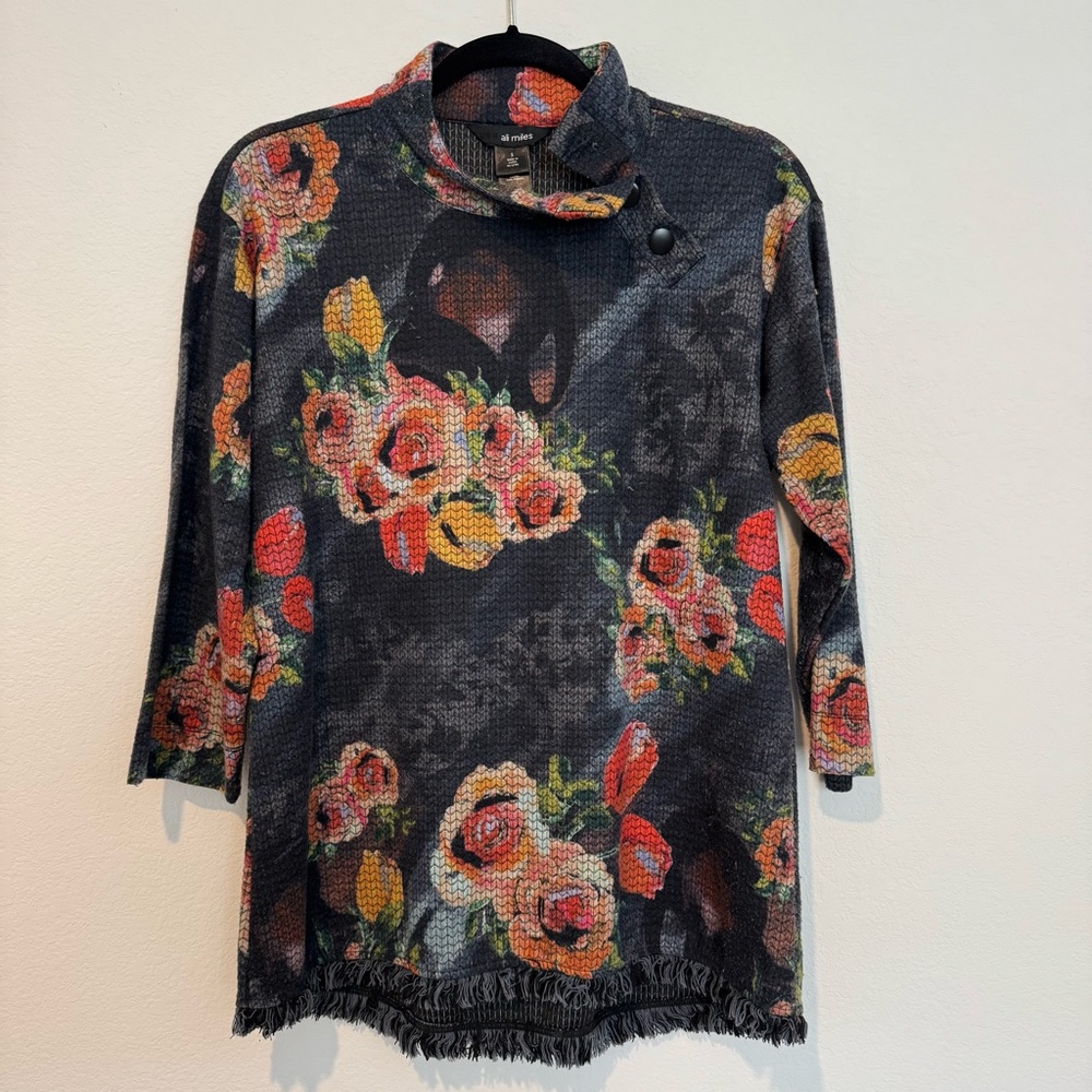 Ali Miles Gray Floral Print Mock Neck Long Sleeve Tunic Top